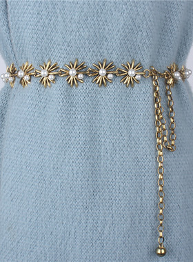 ins时髦小香腰带链条珍珠装饰西装毛衣连衣裙收腰高级感金属腰链