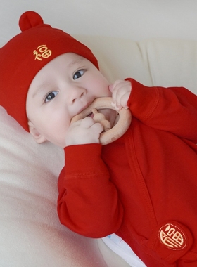 婴儿帽子春秋冬季宝宝纯棉胎帽新生儿初生儿大红色帽子满月周岁帽