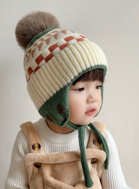 宝宝帽子秋冬款时尚毛球款护耳针织帽冬季男童女孩加厚保暖毛线帽