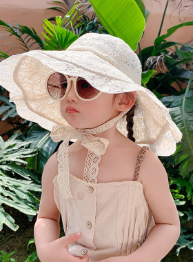 亲子款蕾丝儿童渔夫帽女童夏季防晒帽子宝宝透气沙滩遮阳太阳盆帽