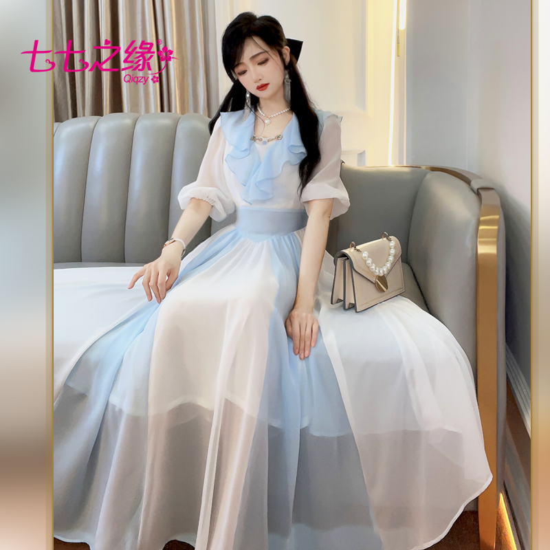 七七之缘新中式夏季女士连衣裙长裙裙子收腰V领雪纺气质流行显瘦