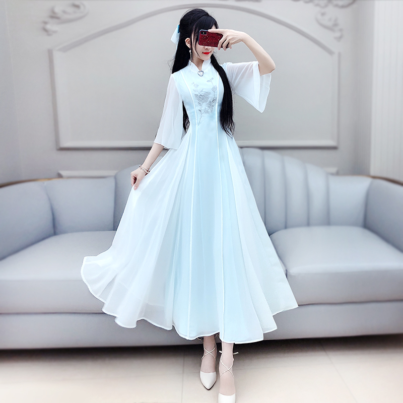 七七之缘白青色银绣长裙夏季新款修身显瘦高腰仙女雪纺连衣裙