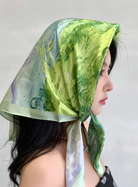 绿色油画小方巾丝巾女夏季薄款防晒春秋头巾包头围巾绑包发带腰带