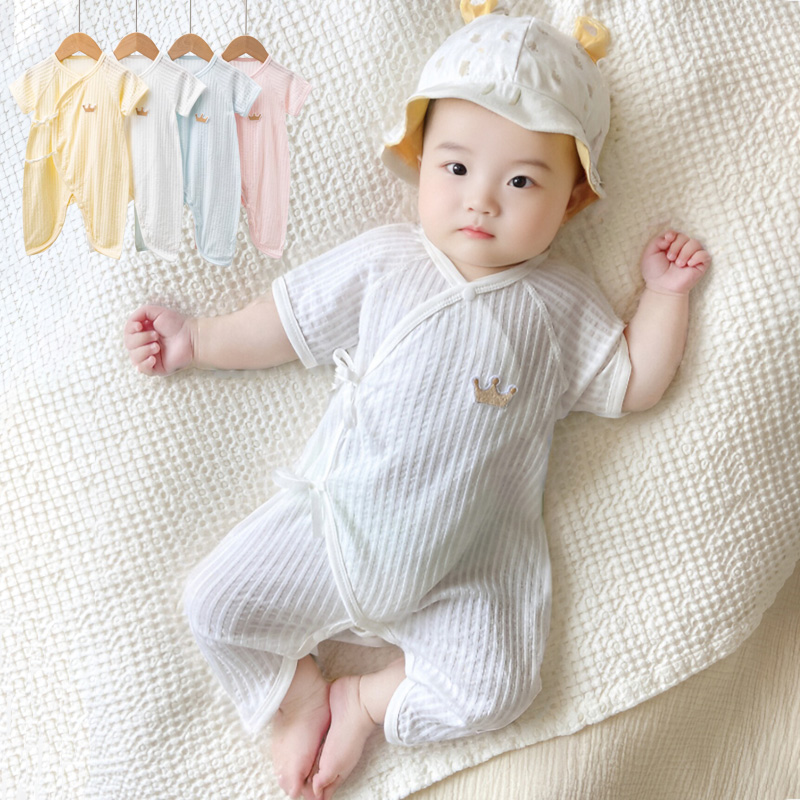 婴儿短袖连体衣夏季系带蝴蝶衣纯棉哈衣爬服薄款护肚宝宝空调服