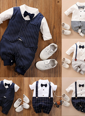 婴儿连体衣纯棉满月百天男宝宝拍照衣服周岁假两件西装绅士礼服春