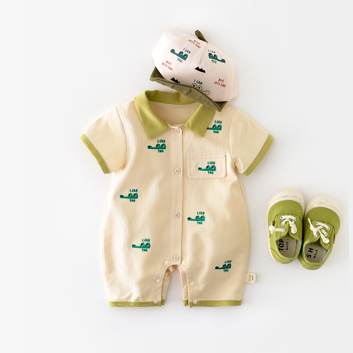 夏季新款婴儿连体衣宝宝鳄鱼刺绣翻领休闲短爬0-3岁棉质薄款夏
