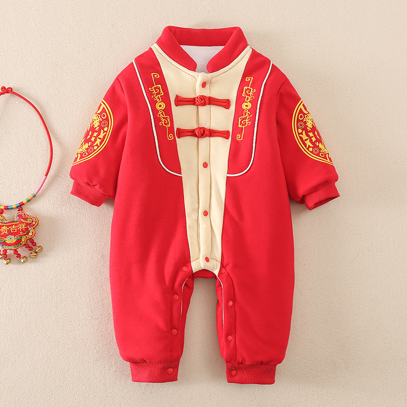 婴儿衣服秋装连体衣男宝宝薄棉新生儿红色满月周岁礼服抓周衣服男