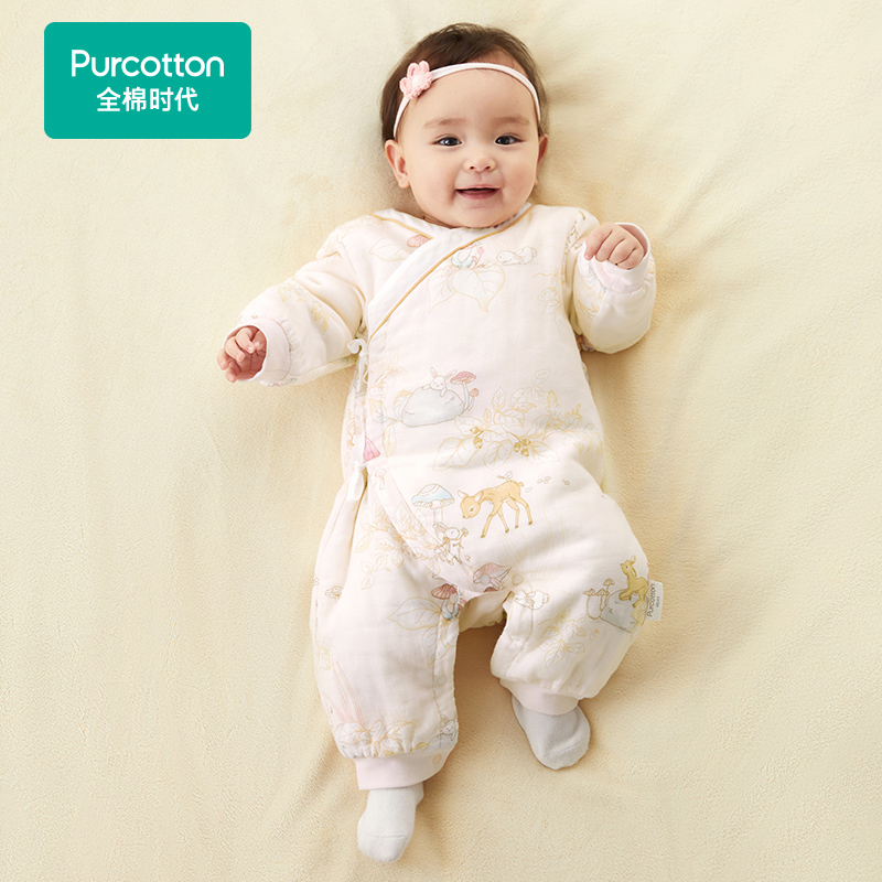 Purcotton/全棉时代 2023冬婴儿纱布夹棉系带连体服,PLL234027