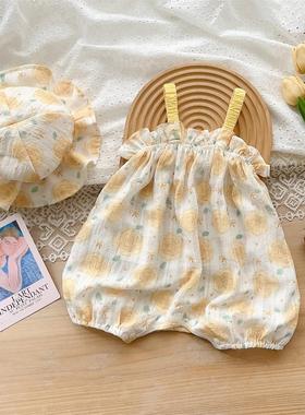 婴儿衣服夏款ins甜美薄款吊带哈衣0-2岁女宝宝短爬遮阳帽爬服套装