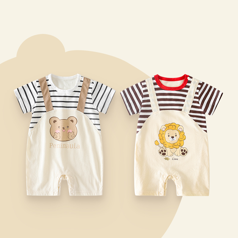 2件装 婴儿夏装薄款连体衣新生儿衣服男宝宝短袖假两件背带哈衣