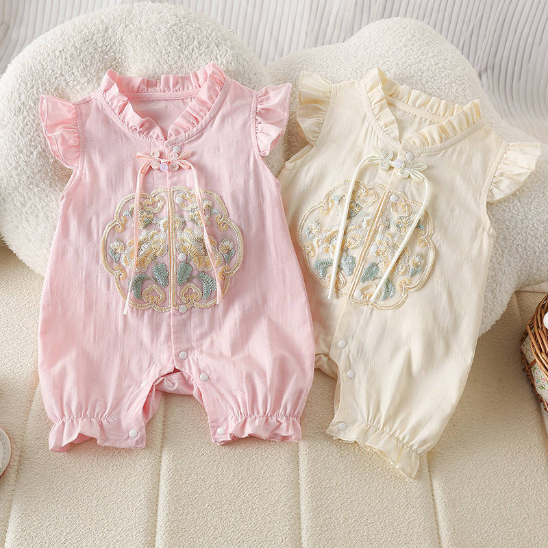 婴儿夏季衣服0-12个月女宝宝新中式可爱花边领飞袖哈衣新生儿爬服