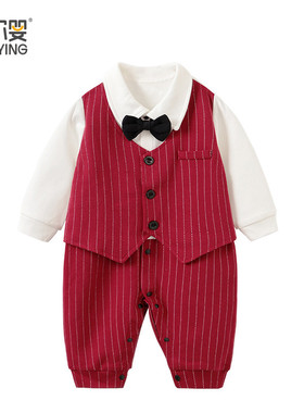 婴儿连体衣红色一周岁宴礼服男宝宝洋气英伦风百天满月小西装春装