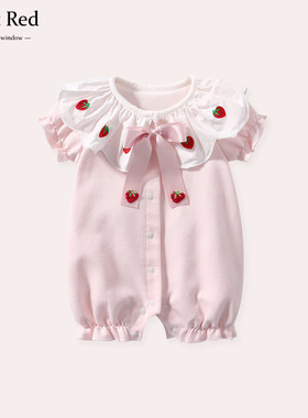 Next Red婴儿夏装衣服新生女宝宝连体衣短袖爬服百天满月公主哈衣