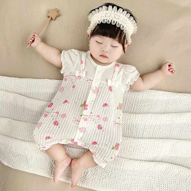 新生儿连体衣婴儿纯棉可爱哈衣女宝宝夏季短袖爬服宝宝背心空调服