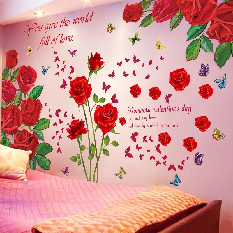 墙纸自粘卧室温馨玫瑰花贴纸房间布置床头贴画背景墙壁纸装饰墙贴