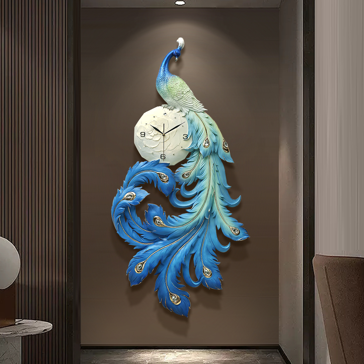 浮雕孔雀挂钟客厅钟表中式个性艺术轻奢家用餐厅时尚创意挂表时钟