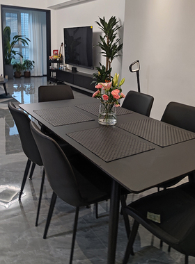 意式纯黑岩板餐桌长方形现代简约大小户型家用饭桌黑椅6/8人极简
