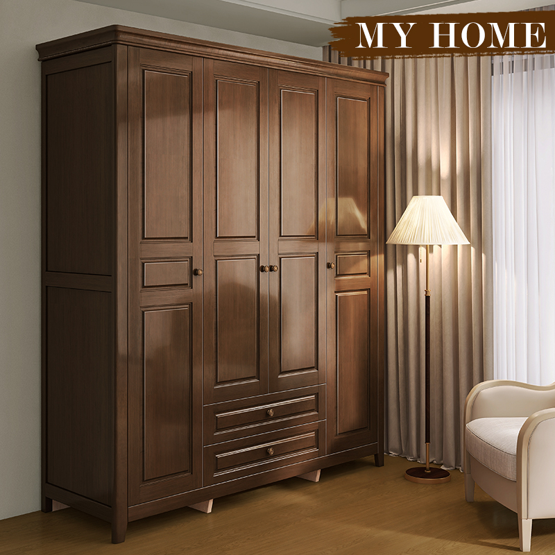 复古美式实木衣柜家用卧室345门大衣橱对开门经济型收纳家具组装