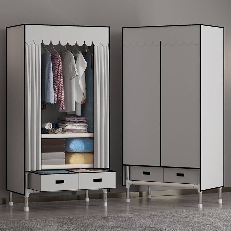 衣柜简易组装出租房用现代简约加粗钢管加厚布艺结实耐用抽屉布柜