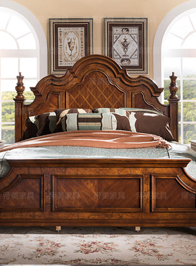 美式实木双人床户型别墅婚床复古雕花柱子床欧式卧室高档仿古大床