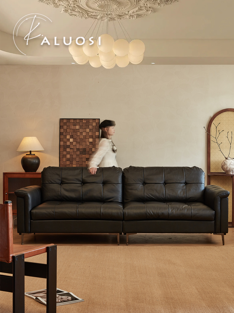 复古风大小户型客厅直排真皮沙发头层牛皮中古风现代极简客厅家具