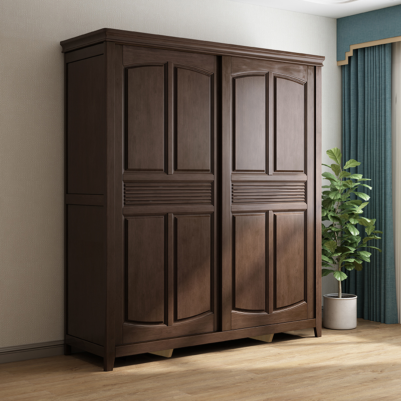 美式乡村实木衣柜现代简约推拉滑移门两门衣柜复古衣橱卧室木家具