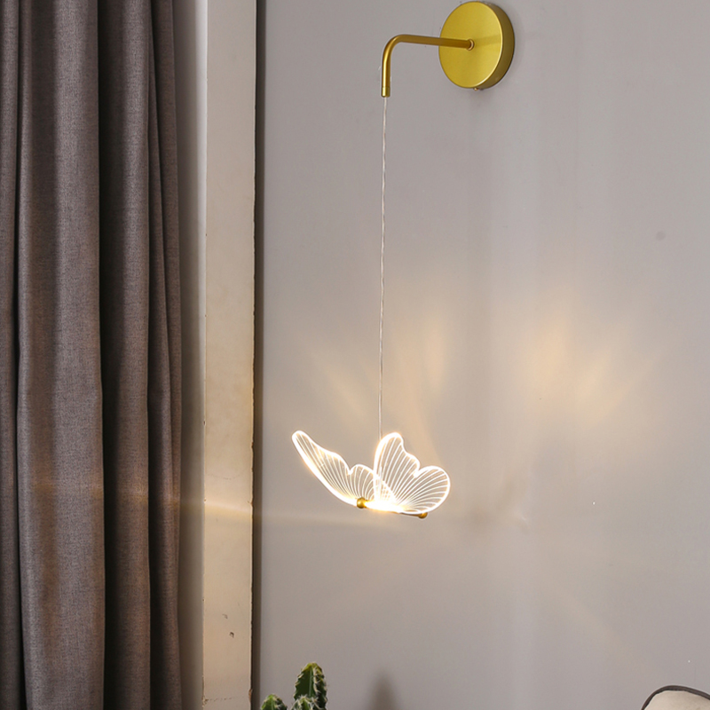 卧室床头壁灯长杆下吊长线现代简约创意个性艺术蝴蝶垂吊小壁灯