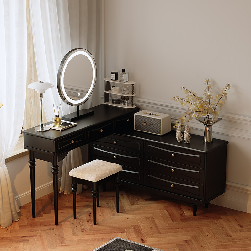 美式法式复古小户型卧室斗柜梳妆台一体可伸缩家用转角黑色化妆桌