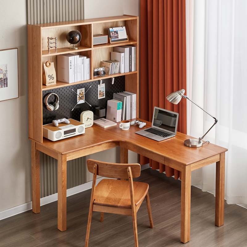 转角书桌书架组合一体樱桃木家用l型卧室写字台拐角学习电脑桌子