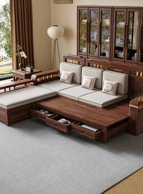 新中式实木沙发床大小户型客厅多功能储物原木家具黑胡桃木沙发