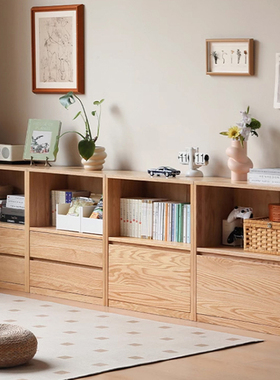 三两枝实木书柜置物储物柜橡木自由组合矮柜落地书架家用餐边柜新