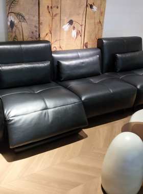 意式极简小黑牛功能电动沙发头层牛皮黑色真皮客厅直排多功能沙发