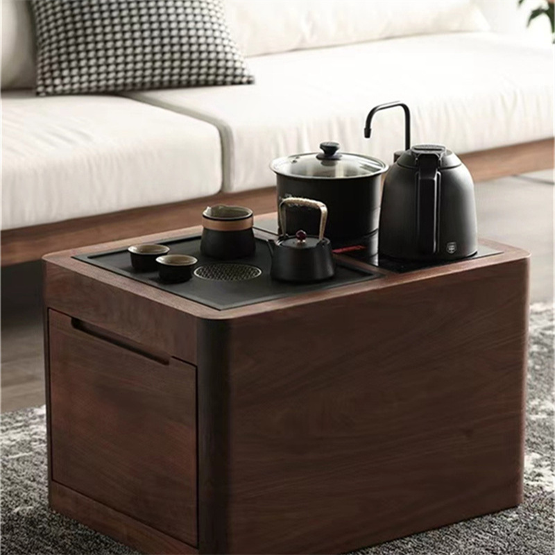黑胡桃实木茶水柜一体可移动简约家用茶桌边几定制小巧储物泡茶台