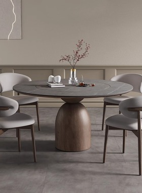 高端实木中古风圆形岩板餐桌椅内嵌转盘小户型家用饭桌子现代简约