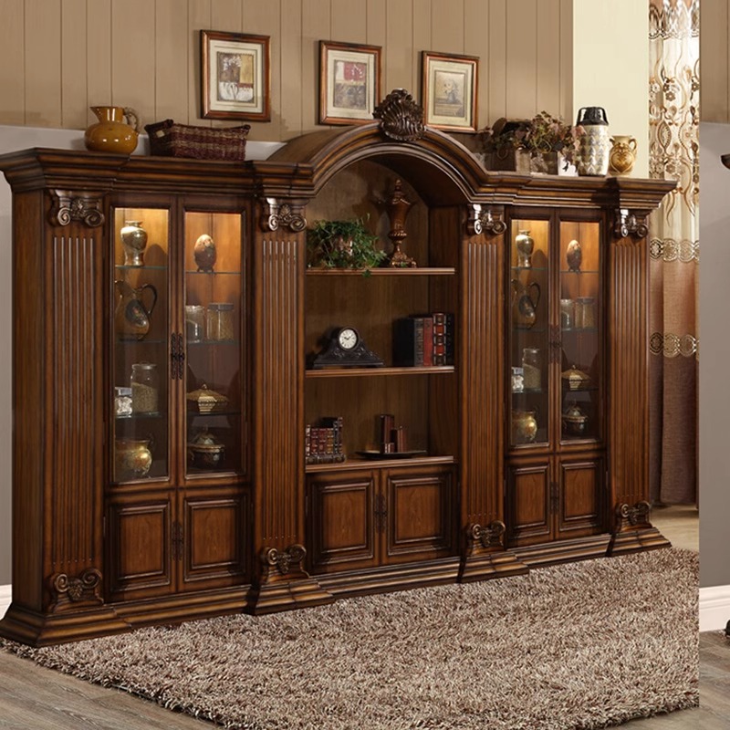 美式实木书柜组合靠墙储物柜欧式带玻璃门书橱客厅大容量复古书架