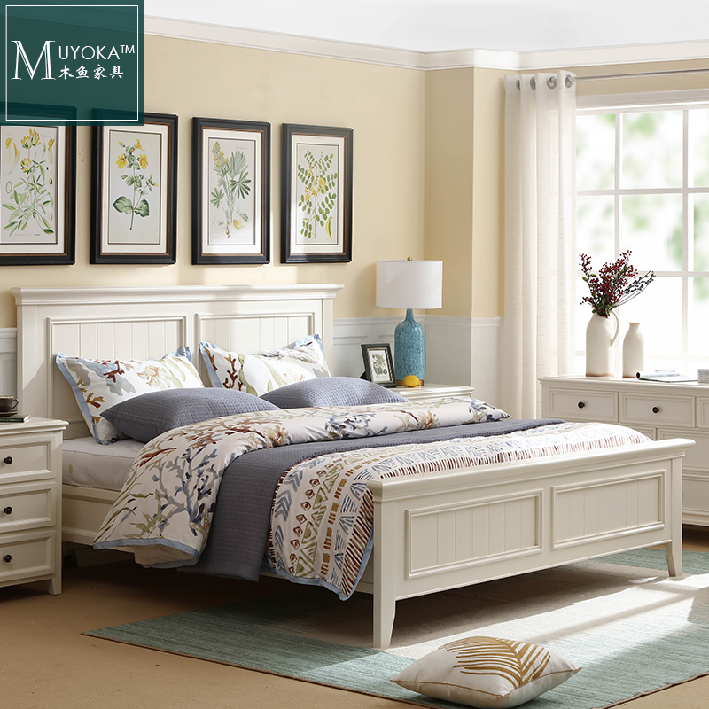 美式乡村桃花心木白色实木方形床简美象牙白卧室双人床家具
