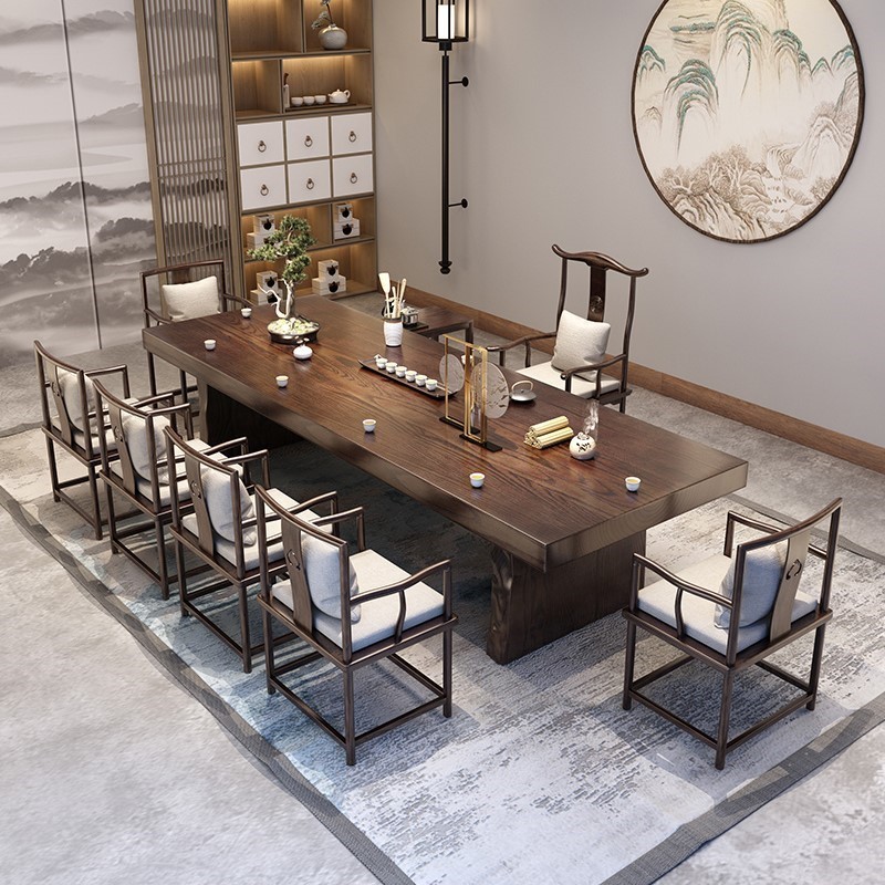 实木茶桌椅组合3米8办公室简约禅意家用功夫泡茶台新中式大板茶桌