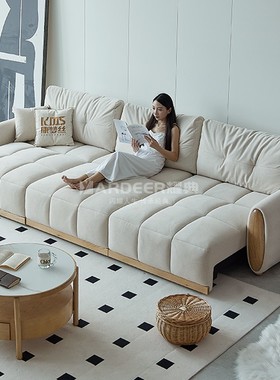 北欧奶油风电动多功能沙发直排三四人位客厅布艺可伸缩原木沙发床