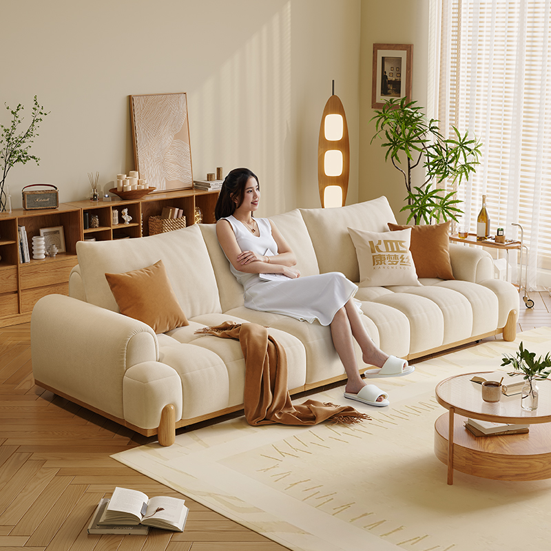 北欧奶油风2024新款客厅电动绒布沙发简约轻奢直排三人位实木家具
