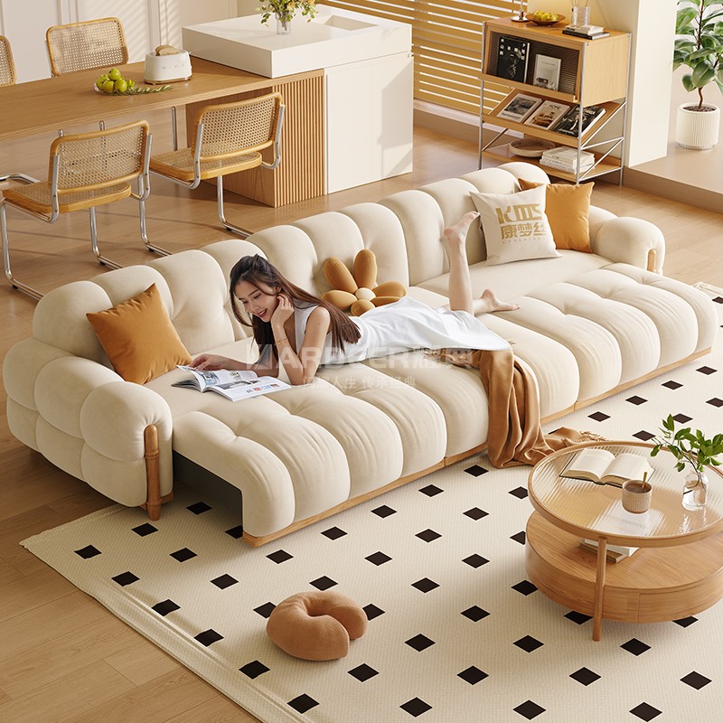 日式奶油风电动沙发三四人位简约多功能可伸缩客厅直排实木沙发床