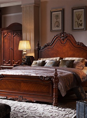 美式实木床奢华大床主卧双人床婚床欧式别墅复古家具雕花宫廷床