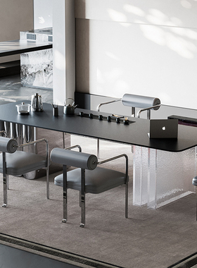 意式轻奢茶桌椅组合家用办公室不锈钢茶台现代简约亚克力岩板茶桌