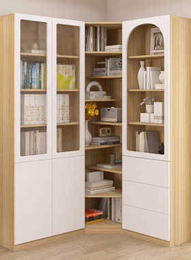 转角书柜储物柜一体带玻璃门客厅落地展示收纳柜现代实木满墙书柜