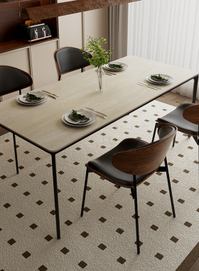 中古风德利丰洞石岩板餐桌长方形小户型法式奶油风家用极简约饭桌