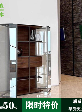 意式极简胡桃木展示柜钢化玻璃实木橱柜酒柜高端家具飞机柜抽屉柜