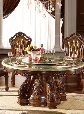 美式实木圆餐桌 欧式圆餐桌实木带转盘餐桌天然青龙玉大理石餐桌