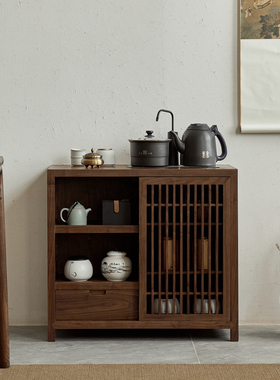 叙木新中式茶水柜黑胡桃实木收纳柜简约茶水台茶边柜储物柜家具