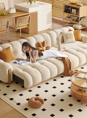 日式奶油风电动沙发三四人位简约多功能可伸缩客厅直排实木沙发床