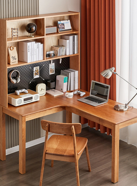 转角书桌书架组合一体樱桃木家用l型卧室写字台拐角学习电脑桌子