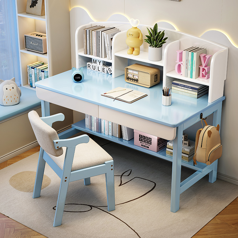儿童实木书桌学生家用小户型学习桌书架一体写字桌子床边桌宽50cm